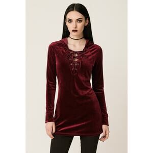Womens Burgundy Velvet Lace Up Witchy Fairy Whimsigoth Renaissance Hooded Shirt‎